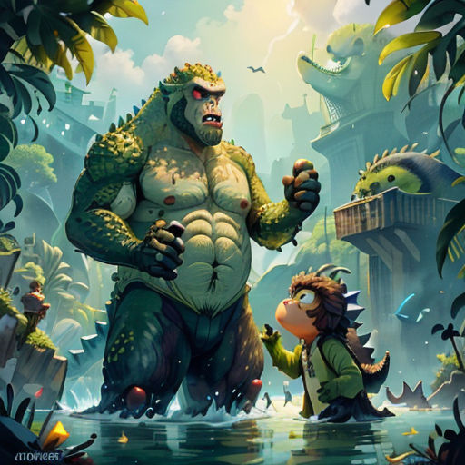a cartoon character and a girl in a jungle with a giant monster in the background, with a man standing next to them