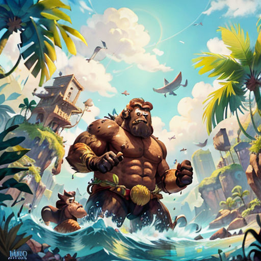 a cartoon character in a jungle with a monkey and other animals in the background, and a bird flying over the water