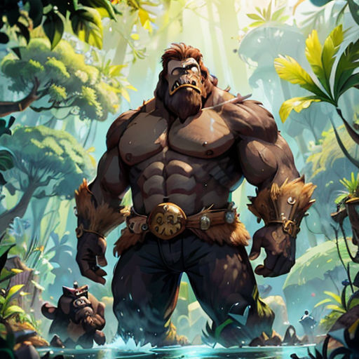 a man in a jungle with a big hairy body and a beard, standing in front of a river