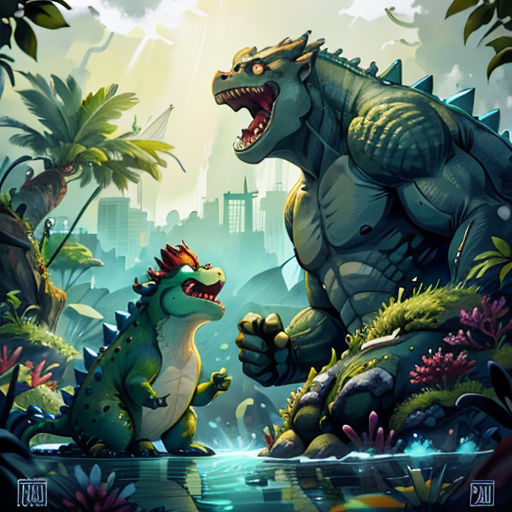 a godzilla and a dinosaur fight in a jungle with a city in the background and a waterfall in the foreground