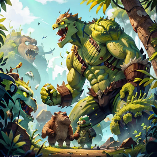 a group of monsters in a jungle with trees and bushes in the background, with a sky background and clouds