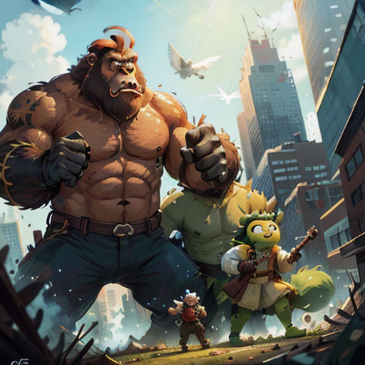 a cartoon of a man and a gorilla standing in front of a cityscape with birds flying overhead