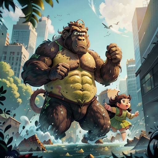 a cartoon of a giant gorilla and a girl in a city street with buildings and birds in the background