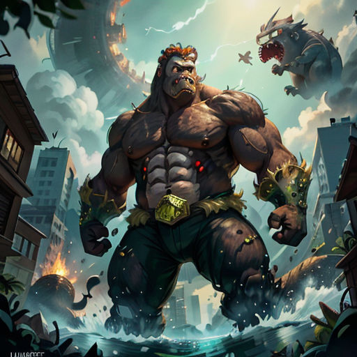 a man with a big body and a huge body in a city with monsters around him, and a monster in the background