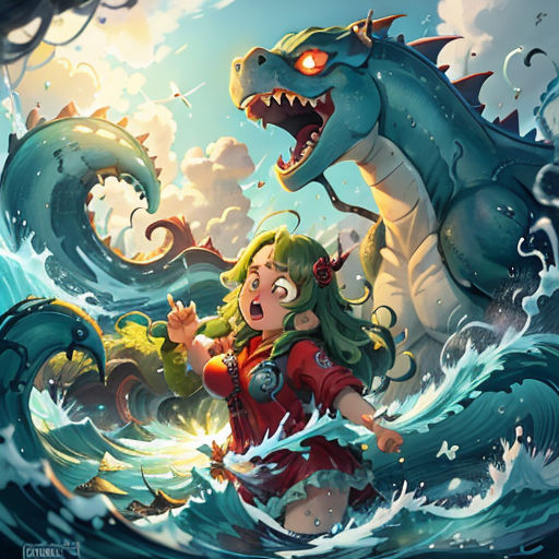 a girl is in the water with a dragon and a girl in a red dress is in the water
