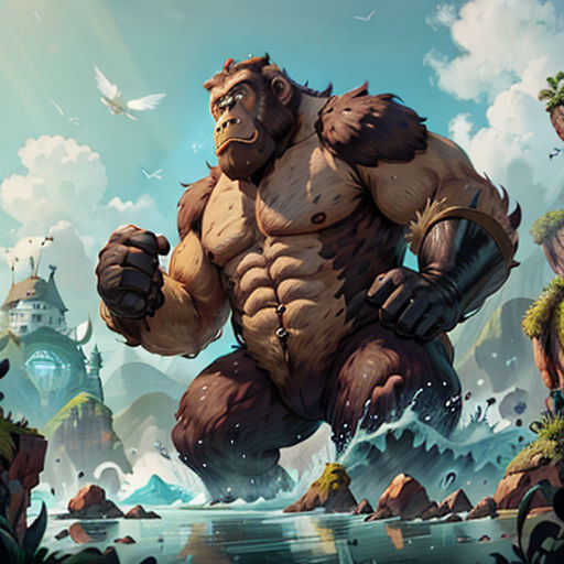 a bigfoot standing in the middle of a forest with a bird flying above it and a castle in the background
