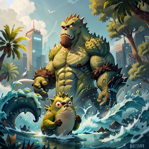 a cartoon character with a big monster in the water with a fish in his hand and a city in the background