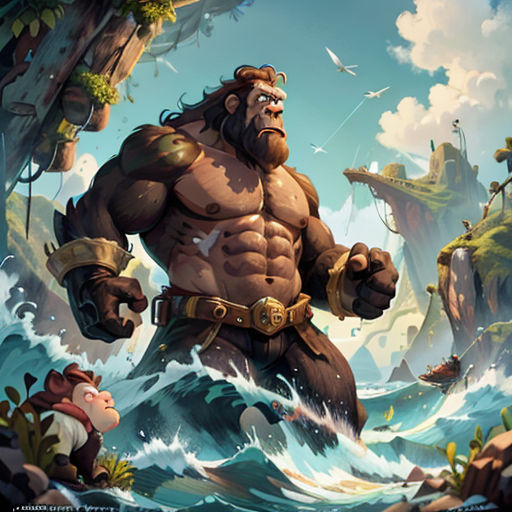 a cartoon character with a big hairy body and a beard, standing in the water with a boat in the background