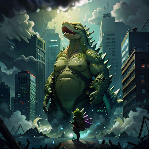 a godzilla is standing in front of a city skyline with a man standing on the sidewalk in front of it