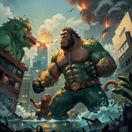 a painting of a man and a monster fighting in a city with a fireball in the sky above