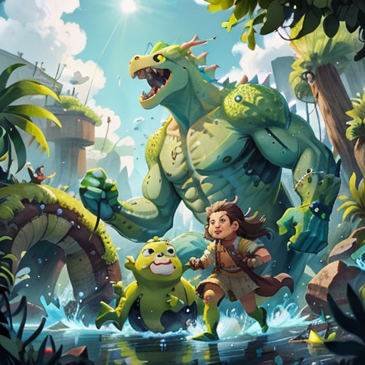 a girl and a monster in a jungle with a waterfall and a waterfall in the background, and a man holding a gun