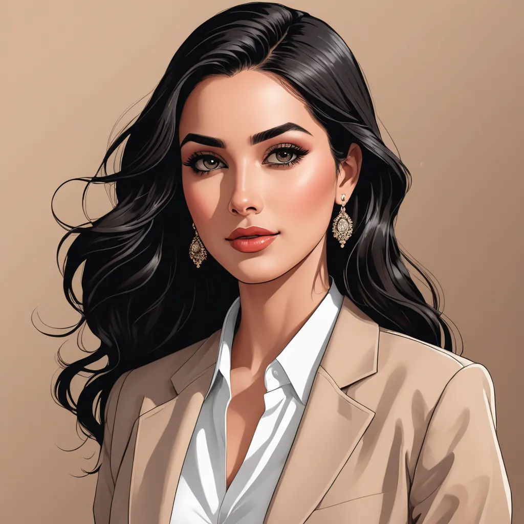 a woman in a suit and earrings is shown in this digital painting style illustration of a woman with long black hair and a white shirt, computer art, a character portrait, Edwin Georgi, professional digital painting