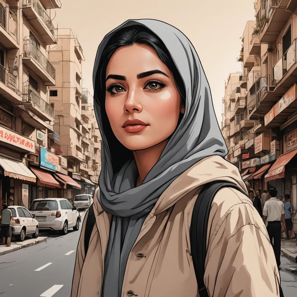 a woman in a scarf is standing on the street in a city with buildings and cars on the street, photorealism, a comic book panel, Alena Aenami, highly detailed digital painting