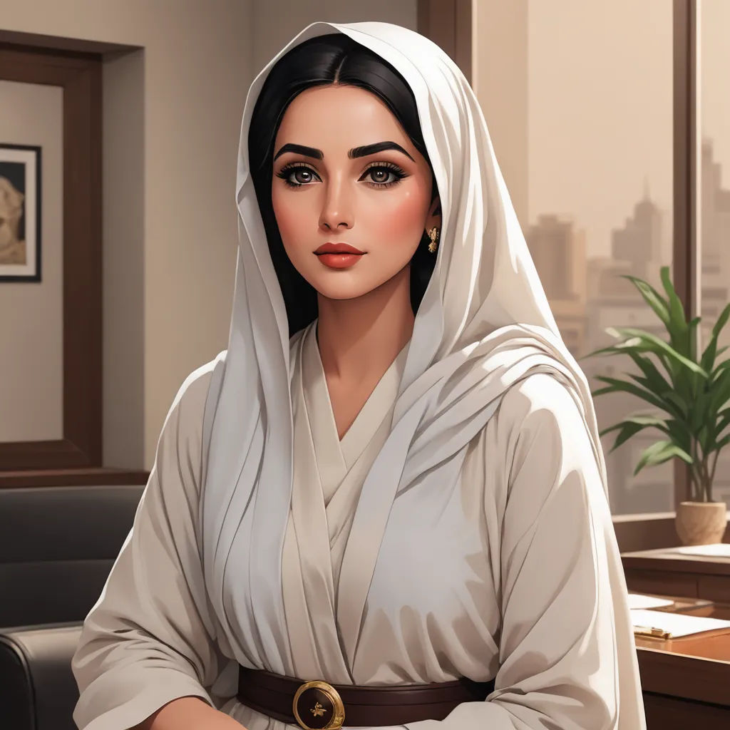 a woman in a white robe is sitting at a desk with a plant in the background and a potted plant in the foreground, serial art, a character portrait, Edwin Georgi, character portrait