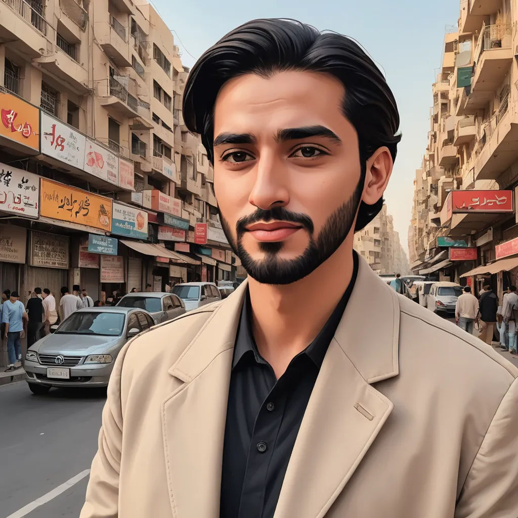 a man with a beard and a suit on a street corner in a city with cars and people in the background, photorealism, a photorealistic painting, Amir Zand, highly detailed digital painting