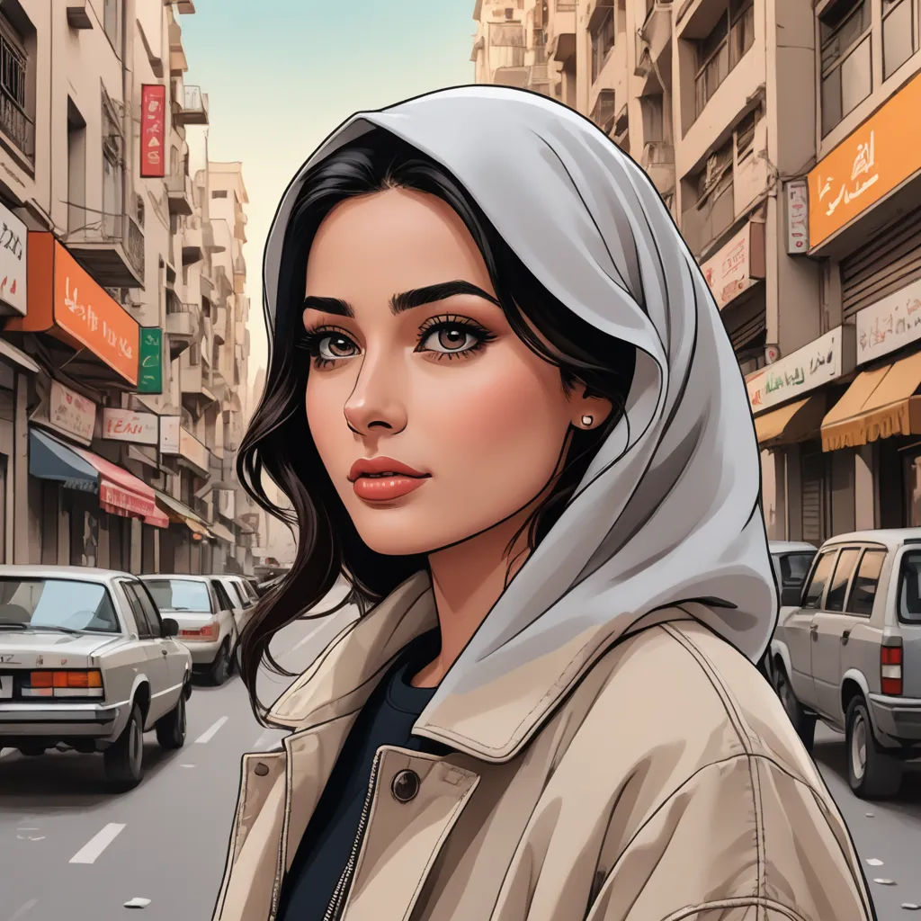 a woman in a hooded jacket is standing on a street corner in a city with cars and buildings behind her, serial art, egyptian art, Bouchta El Hayani, highly detailed digital painting