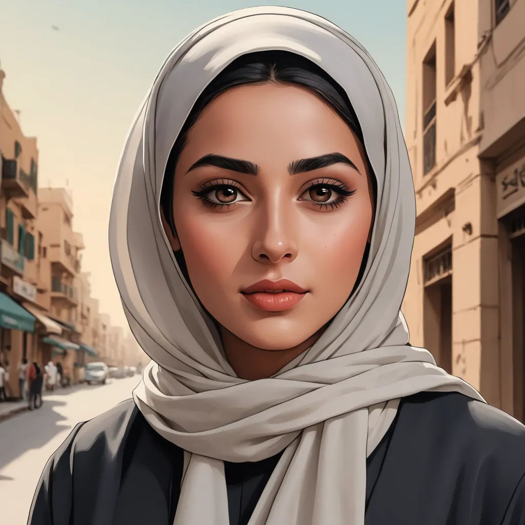 a woman in a headscarf is standing on a street corner in a city with buildings and a car, digital art, a digital painting, Atey Ghailan, highly detailed digital painting