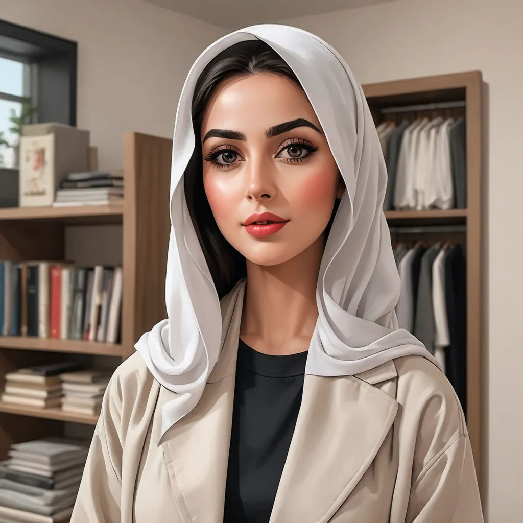 a woman with a veil on her head in a room with bookshelves and a bookcase full of books, hyperrealism, a photorealistic painting, Elina Karimova, highly detailed digital painting