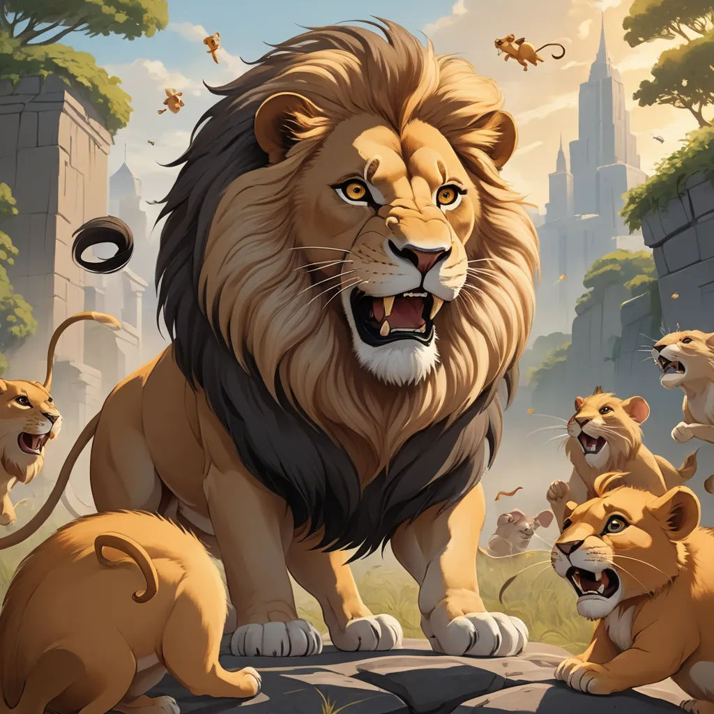 a lion with many lions around it and a city in the background with a sky background and a few buildings, sots art, concept art, Chris LaBrooy, official art