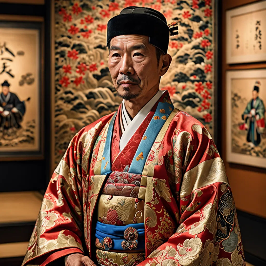 a man in a traditional japanese costume standing in front of a wall of paintings and paintings on display in a museum, ukiyo-e, a character portrait, Emperor Huizong of Song, character portrait