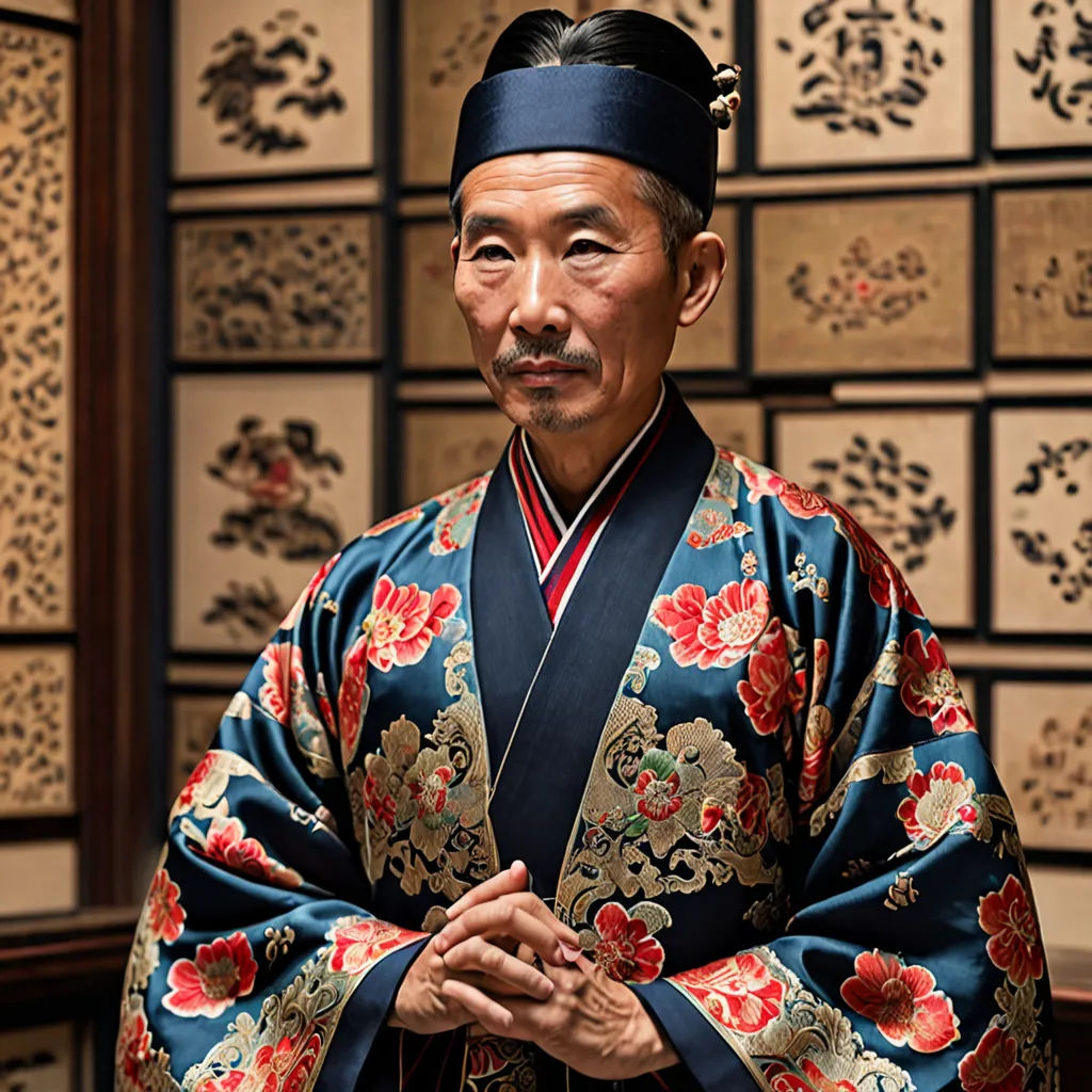 a man in a traditional japanese costume standing in front of a wall of oriental paintings and writing on it, cloisonnism, a character portrait, An Gyeon, sakimichan