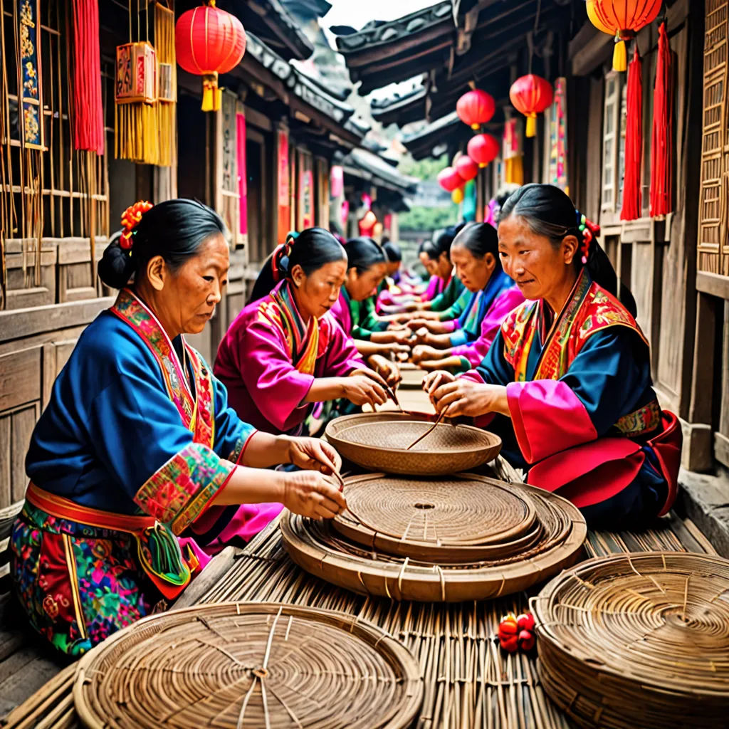 a group of women sitting around a table with baskets on it and paper lanterns hanging from the ceiling above, cloisonnism, a jigsaw puzzle, Cao Buxing, award - winning photography