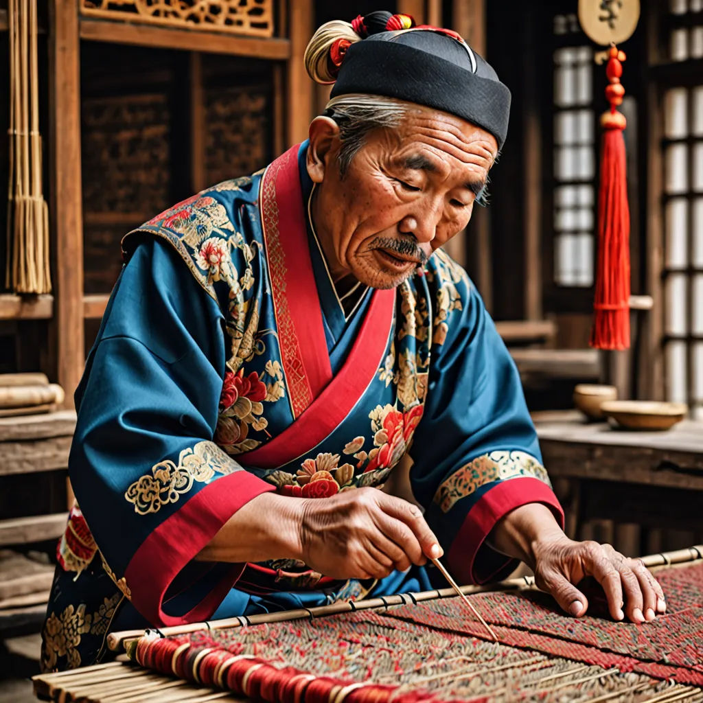 a man in a traditional chinese costume is weaving a rug with a wooden loom in front of him, cloisonnism, a cross stitch, Emperor Huizong of Song, highly intricate