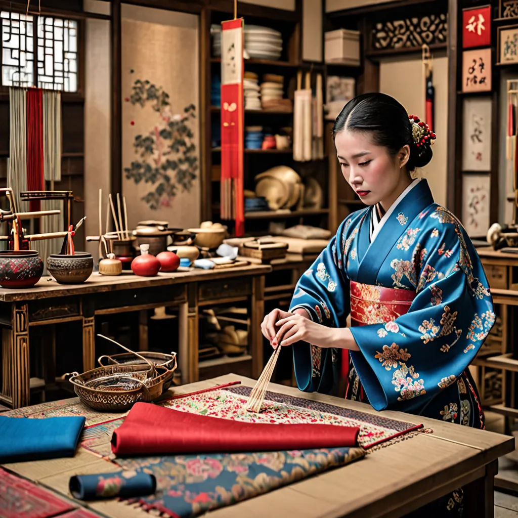 a woman in a kimono is making a piece of cloth in a room with other items on the table, cloisonnism, a detailed matte painting, Fei Danxu, kyoto studio