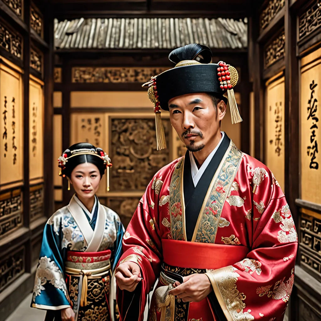 a man and woman in traditional chinese dress standing in a room with oriental writing on the walls and a doorway, international gothic, a colorized photo, Emperor Huizong of Song, movie still