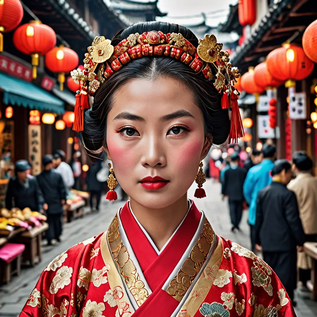 a woman in a red and gold dress and headpiece in a chinese street with lanterns overhead and people walking around, cloisonnism, a photorealistic painting, Chen Jiru, orientalism