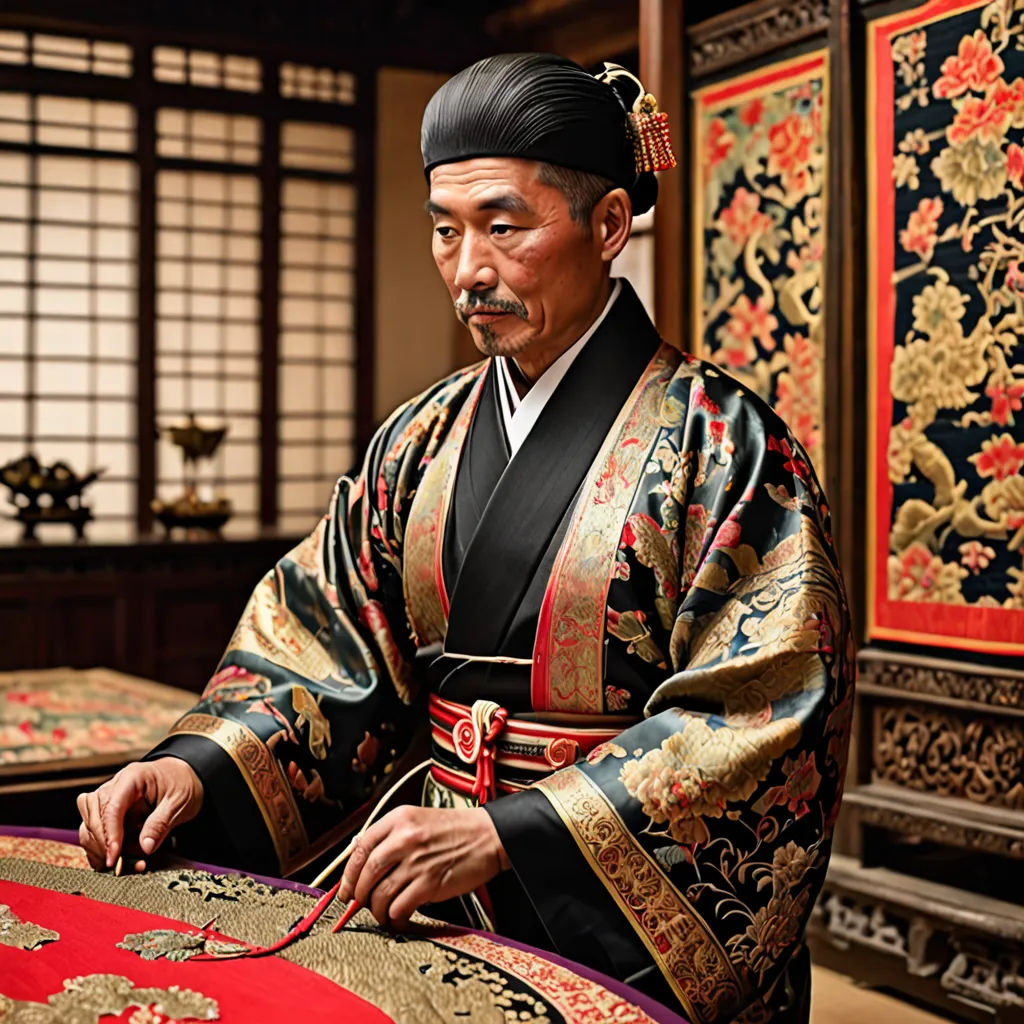 a man in a traditional japanese costume sitting at a table with a red cloth on it and a gold and black oriental rug, ukiyo-e, a character portrait, Emperor Huizong of Song, movie still
