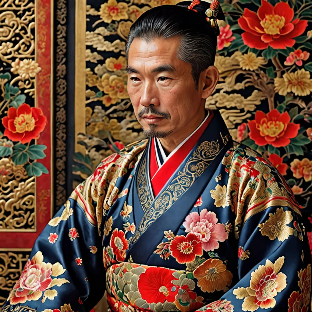 a man in a kimono poses for a picture in front of a wall with flowers and a dragon, cloisonnism, a photorealistic painting, Emperor Huizong of Song, highly detailed oil painting