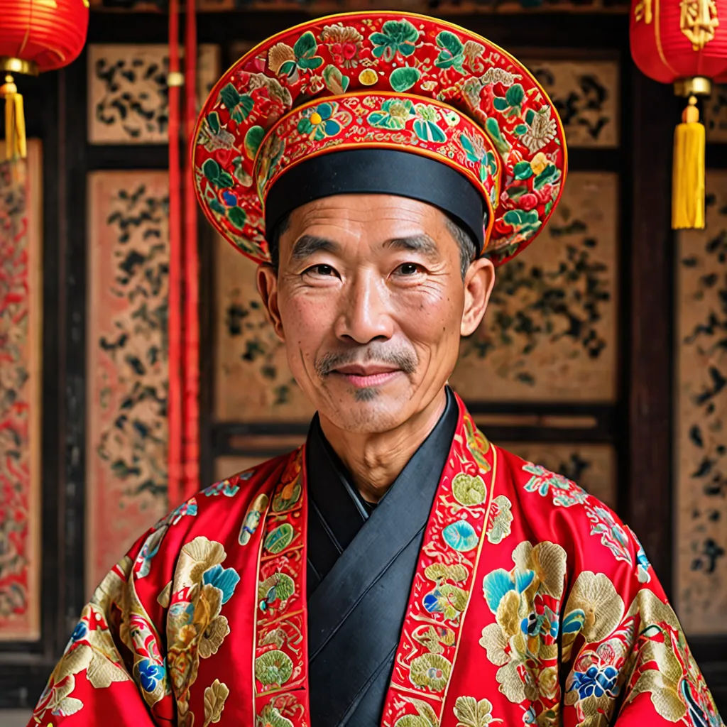 a man in a red and gold outfit and a black hat and a red and gold wall with oriental decorations, cloisonnism, a character portrait, Emperor Huizong of Song, phuoc quan