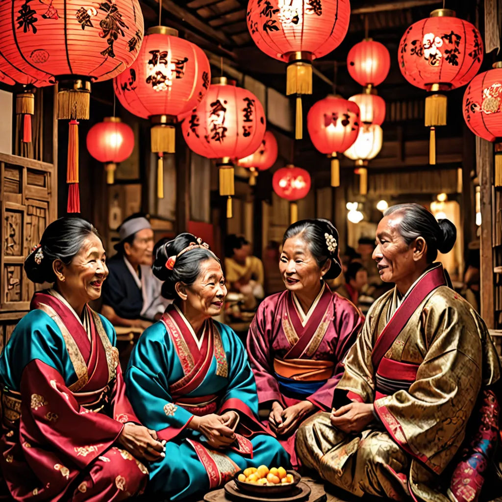 three women in traditional chinese dress sitting on a table with lanterns overhead and a bowl of fruit in front of them, art & language, a jigsaw puzzle, Aya Goda, award - winning photography