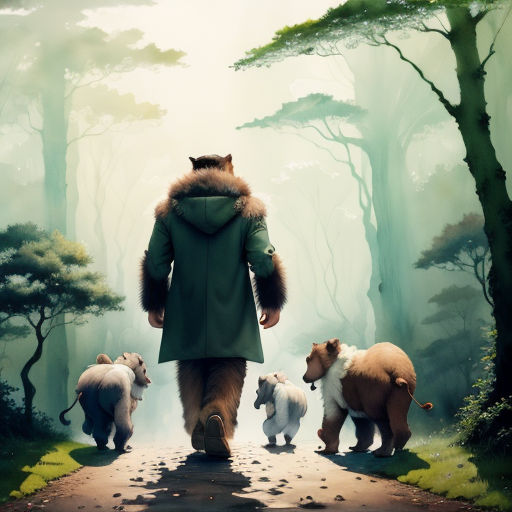 a man walking down a road with a bear on his back and other animals on the other side of the road