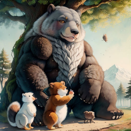 a painting of a bear and two other animals in a forest setting with a bear and a squirrel on the ground
