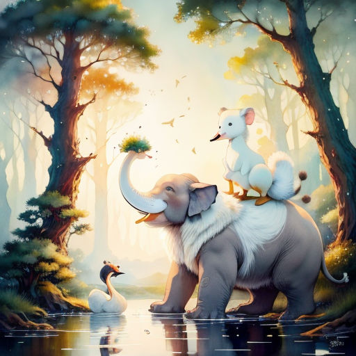 a painting of an elephant and a mouse on its back in a forest with swans and trees in the background