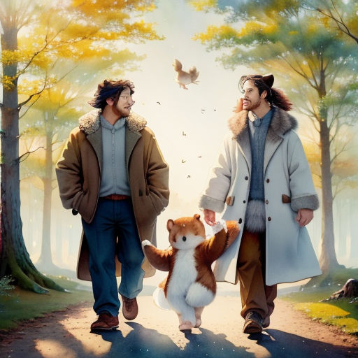 a man and a woman walking down a road with a dog in front of them and a bird flying above them