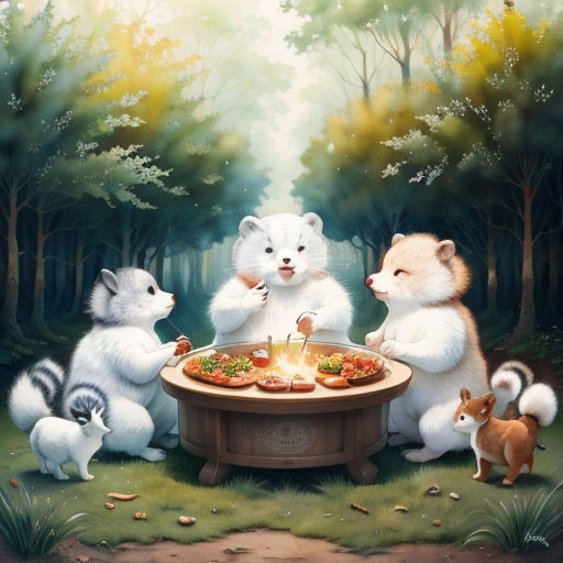 a painting of a group of animals around a table with food on it and a forest background with trees