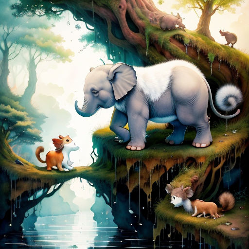 a painting of an elephant and a fox on a cliff by a river with a waterfall and forest in the background