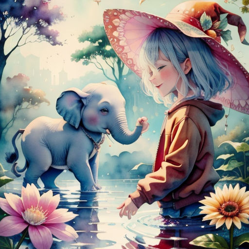 a painting of a girl with an elephant in a pond of water with flowers and birds around her,