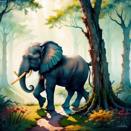 an elephant is walking through a forest with trees and flowers on the ground and a path leading to it