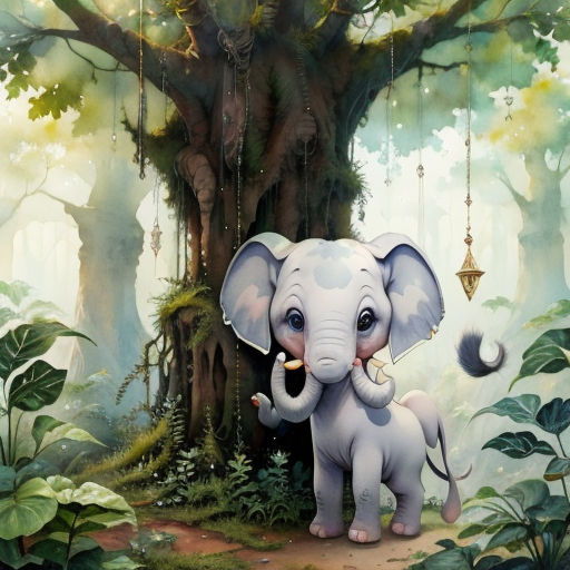 a painting of an elephant standing in front of a tree with a lantern hanging from it's trunk