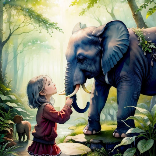 a little girl is touching an elephant's trunk in the forest with other animals nearby on a sunny day