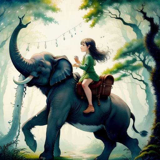 a girl riding on the back of an elephant in a forest with trees and string lights strung across the trees