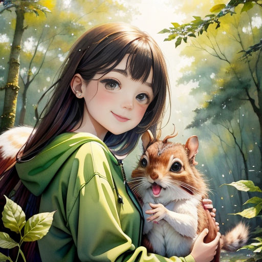 a girl holding a hamster in a forest with trees and leaves around her, with a forest background