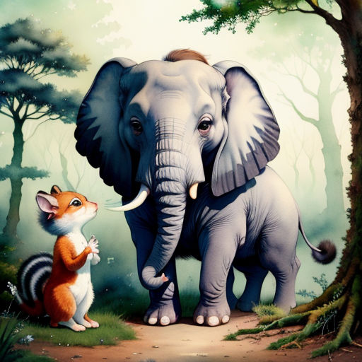 a painting of an elephant and a fox in a forest with trees and grass, with a baby fox standing next to it