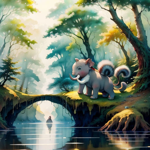 a painting of a baby elephant crossing a bridge over a river in a forest with a person standing on the edge of the bridge