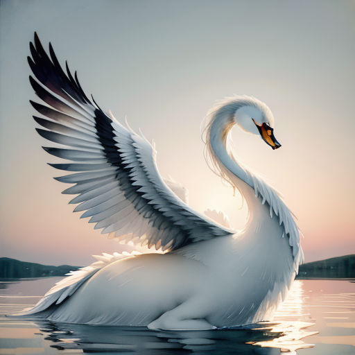 a swan with its wings spread out in the water at sunset or dawn, with its reflection in the water