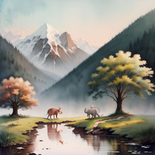 a painting of a mountain scene with animals by a river and trees with mountains in the background and a stream running through the foreground